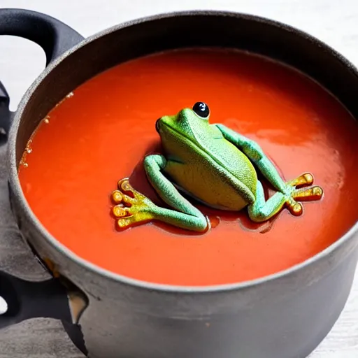 Image similar to a frog emerging from a pot of tomato soup, frog soup, recipe photo