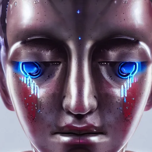 Prompt: closeup of sweating robot forehead with sweat on it, cyborg sweating, big drops of sweat, forehead only, by Hajime Sorayama, airbrush art, beautiful face, highly realistic, star flares, trending on artstation, beautiful lighting, sharp, details, hyper-detailed, HD, HDR, 4K, 8K