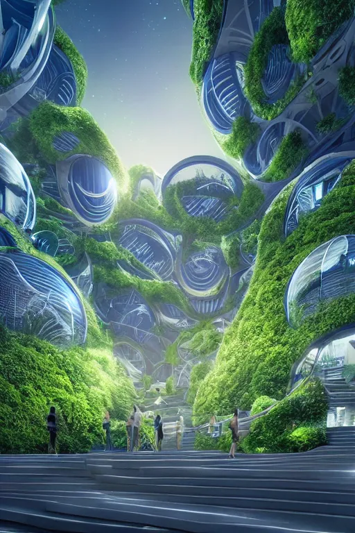 Image similar to extremely detailed awe stunning beautiful futuristic smooth organic apartment building at night, translucent orbs, hyper real, greenery, 8k, colorful, 3D cinematic volumetric light, atmospheric light, studio ghibli inspired, fantasy LUT, high contrast, epic composition, sci-fi, dreamlike, surreal, angelic,