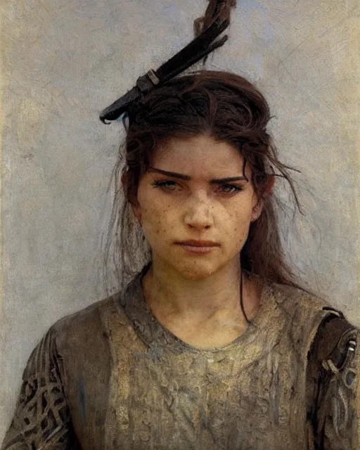 Image similar to a beautiful and strong female warrior by Boris Valejo and Laura Sava and Jules Bastien-Lepage