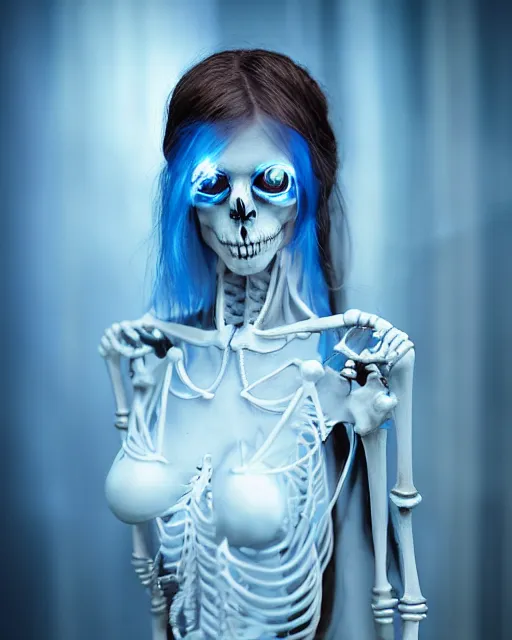 Prompt: natural light, soft focus portrait of a cyberpunk skeletal corpsebride, octane render, tilt shift, polaeized light, blue bioluminescent plastics, smooth shiny metal, elaborate ornate head piece, piercings, skin textures, by annie leibovitz, paul lehr