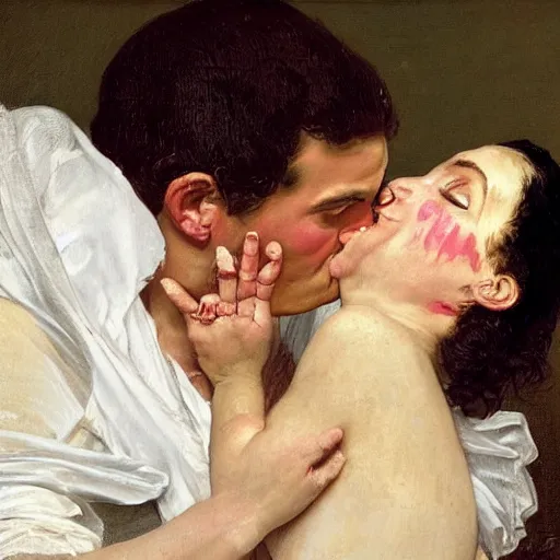 Prompt: A hyperdetailed portrait of Kate Middleton and Meghan Markle French kissing with lots of spit and drool. Black oil bath. 1790s. In the style of Norman Rockwell and Boris Vallejo.