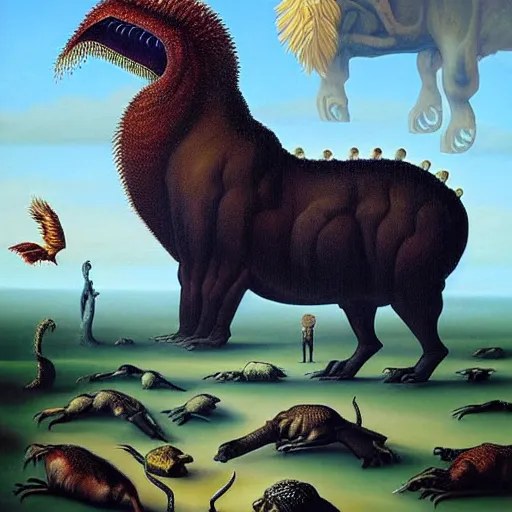 Prompt: A surreal painting of a monster made out of many different animals , Vladimir Kush