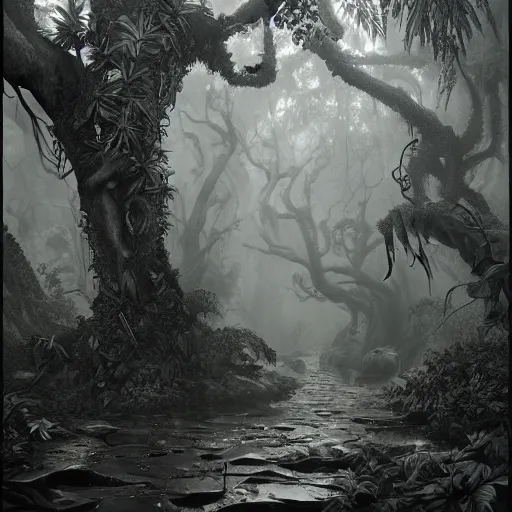 Prompt: Amazing engraving, geant trees, jungle, flowers and hidden dragons, bansai dead trees, dramatic lighting, atmospheric lighting, fog, octane rendering, 4k, by James jean, by Gustave Dorée, Trending on artstation.