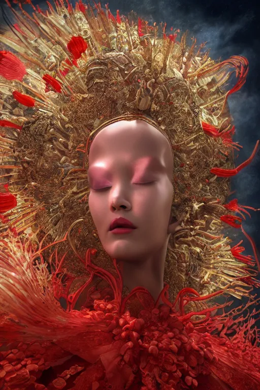 Prompt: extremely detailed movie shot closeup portrait of a beautiful empress girl, red fabric coat, smoke background by denis villenueve, yves tanguy, ernst haeckel, roger dean, amano, dynamic composition, rich moody colour, 8 k, uhd, zbrush, unreal engine, face symmetry, nice looking face