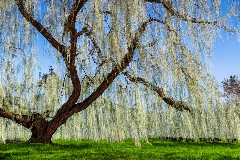 Prompt: A 2000 year old Weeping willow tree, on a center of an amazing spring field, hyperrealistic, hyper detailed, smooth light, birds in the sky, wide angle lens,