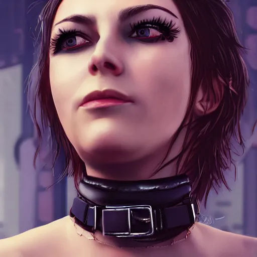 Prompt: detailed realistic female character cyberpunk wearing leather belt collar around neck, realistic, art, beautiful, 4K, collar, choker, collar around neck, punk, artstation, detailed, female, woman, choker, cyberpunk, punk, collar, choker, collar around neck,