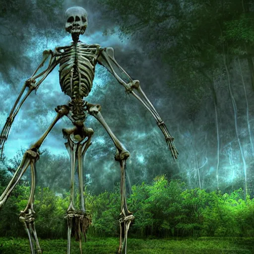 Image similar to a gigantic ethereal godlike skeletal being at the edge of a city, ancient, covered in overgrown leaves and vines and plants, hdr, digital art, dramatic composition