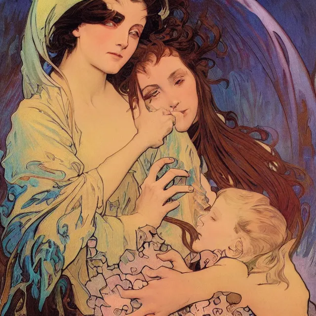 Image similar to an aesthetic! detailed portrait of an aesthetic woman crying mournfully while cradling a child, by frank frazetta and alphonse mucha, oil on canvas, bright colors, art nouveau, epic composition, dungeons and dragons fantasy art, hd, god - rays, ray - tracing, crisp contour - lines, huhd - 8 k