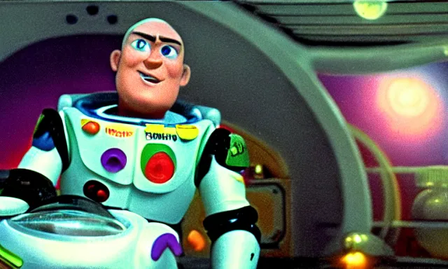 Prompt: full - color cinematic movie still from a 1 9 6 8 science - fiction film by stanley kubrickstarring buzz lightyear in a space - station. detailed facial - features ; epic ; artistic ; oscar - winning.