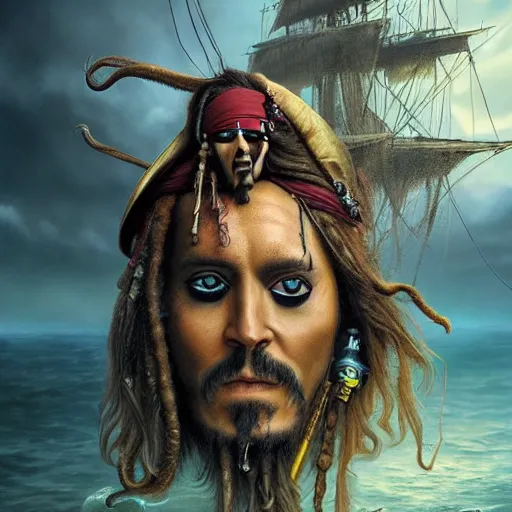 Prompt: a hyperrealistic illustration of Captain Jack Sparrow as Davy Jones, Davy Jones with Tentacles, Face hybrid of Davy Jones and Jack Sparrow, Pirates of the Caribbean Ship with fractal sunlight in the Background, award-winning, masterpiece, in the style of Tom Bagshaw, Cedric Peyravernay, Peter Mohrbacher