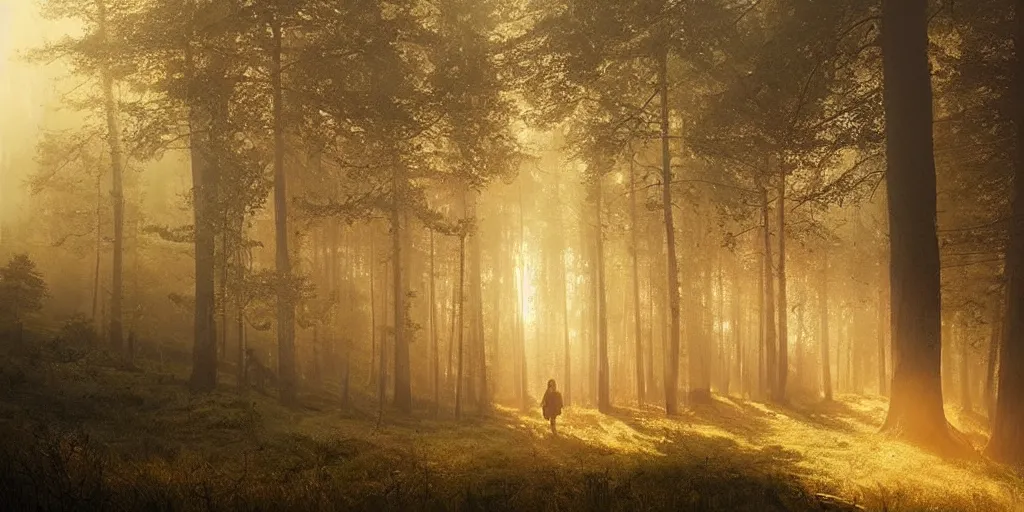 Prompt: swedish forest, dawn, hazy, fog, golden hour, sunlight, beautiful!!!!!!!!!, greg rutkowski, cinematic, atmospheric