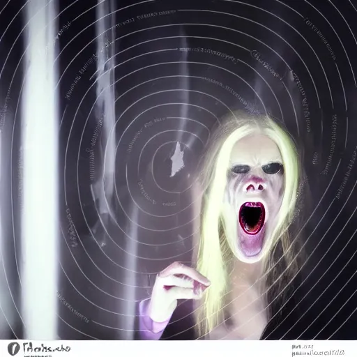 Image similar to female ghost witch facing forward, horrific scream on face, sharp teeth, long metallic nails, white dress, night, dark room, neon light in window