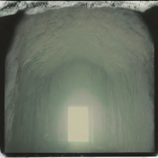 Prompt: inside a massive cave with a dark hall, megalophobia, old polaroid, expired film,
