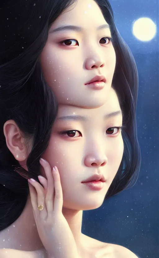 Image similar to a beautiful young charming asian goddess with sundress + jewelry + shinny eyes | | winter, symmetric, realistic shaded, unpleasant face, good looking, fine details, dior, lv, realistic shaded lighting poster by greg rutkowski, macoto takahashi, magali villeneuve, artgerm, jeremy lipkin and michael garmash