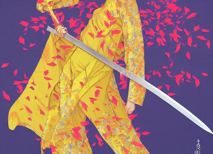 Image similar to breathtaking detailed pattern pastel colors, action scene from kill bill, with uma thurman ( kill bill ) in yellow kimono, with hatori hanzo katana sword and autumn leaves, by hsiao - ron cheng, bizarre compositions, exquisite detail, enhanced eye detail