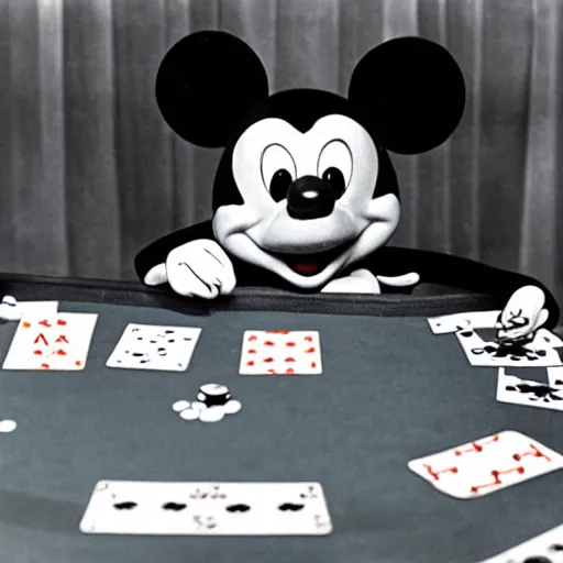 Prompt: kermit playing poker with mickey mouse in las vegas