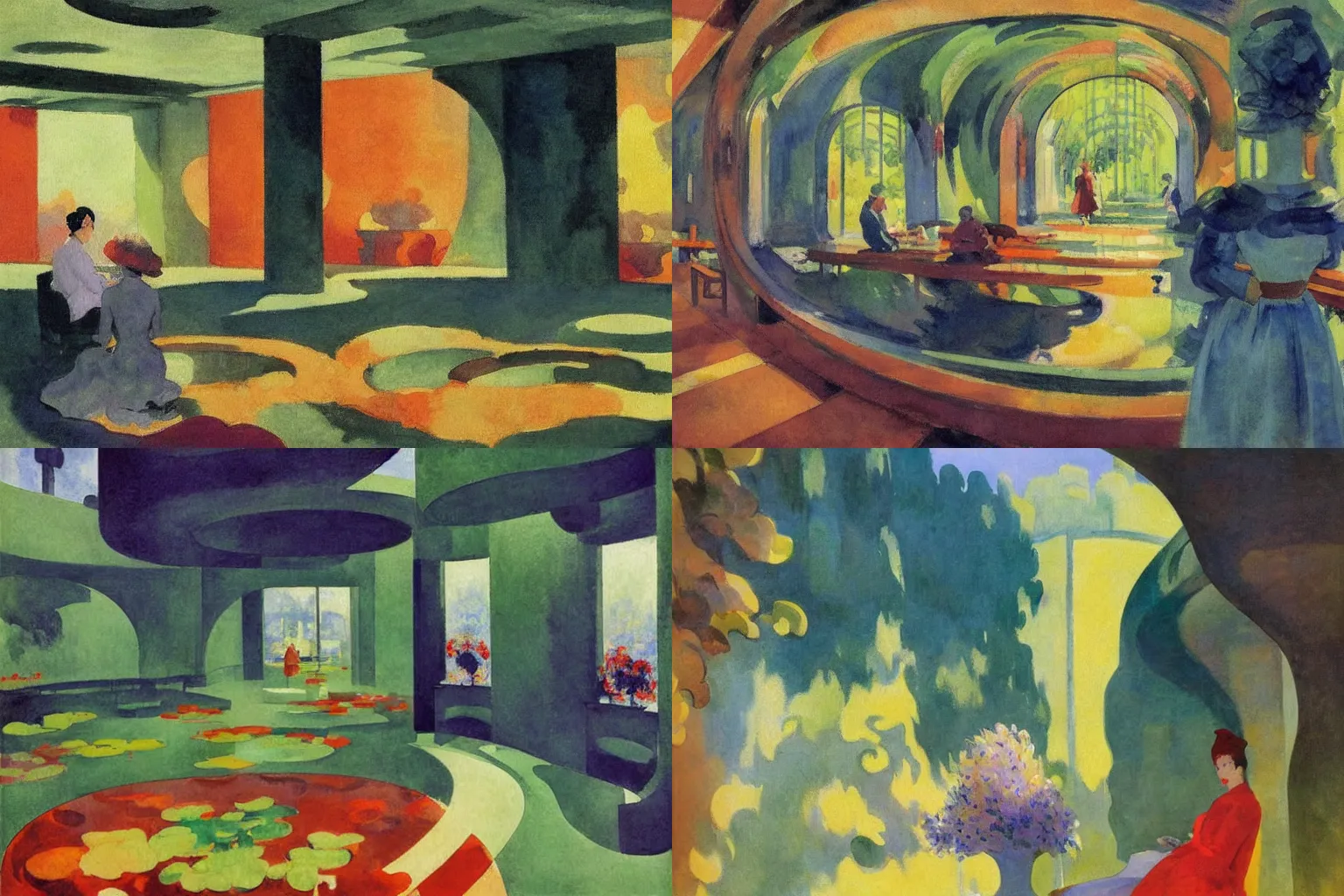 Prompt: impressionist watercolor painting by Claude Monet, surrealist secret lusciously botanical underground lair by Edward Hopper, by Dean Ellis, by Sonia Delaunay, by Jean Giraud, 1942, fisheye lens