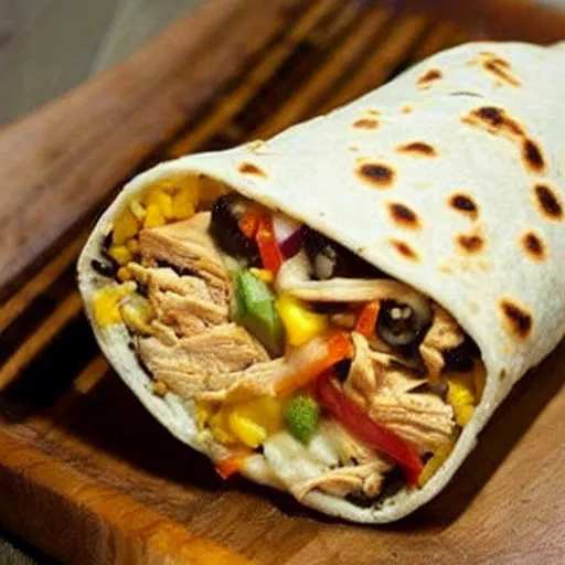 Prompt: perfect chicken burrito. this picture makes me so unbelievably hungry