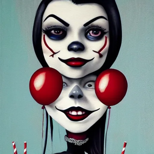 Image similar to grunge cartoon painting of kylie jenner with a wide smile and a red balloon by chris leib, loony toons style, pennywise style, corpse bride style, horror theme, detailed, elegant, intricate