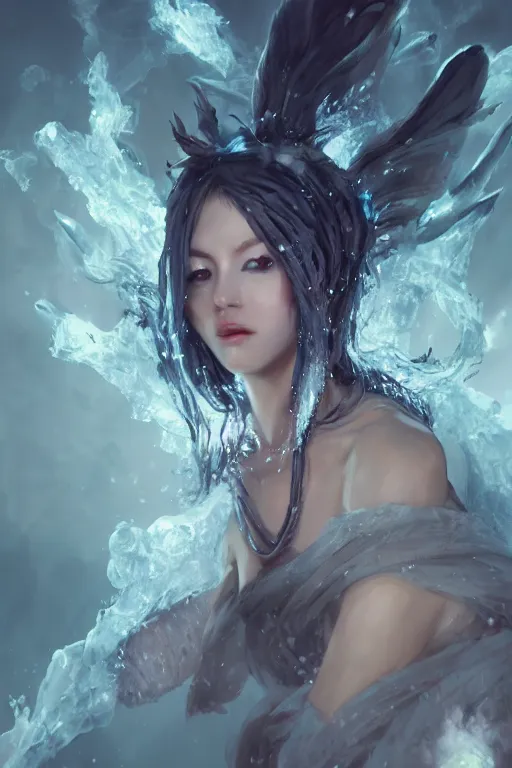 Prompt: beautiful girl necromancer, witch - doctor covered with ice exploding into ice, angels, 3 d render, hyper realistic detailed portrait, holding fire and electricity, ruan jia, wlop. scifi, fantasy, magic the gathering, hyper detailed, octane render, concept art, peter mohrbacher