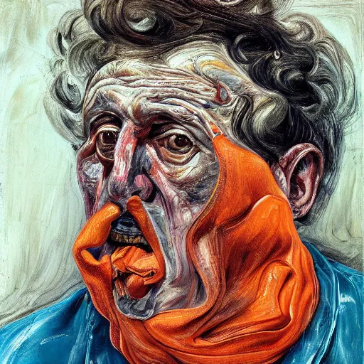 Prompt: high quality high detail portrait painting of a man in agony by lucian freud and jenny saville and francis bacon, hd, anxiety, turquoise and orange