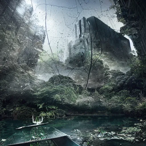 Image similar to man's catastrophic escape and decoupling from nature, futuristic matte painting, photography