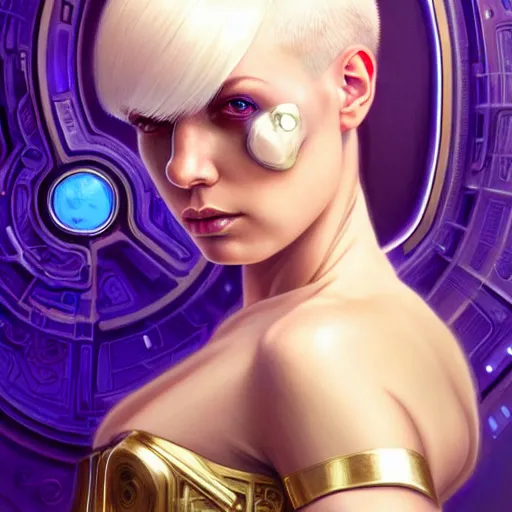 Image similar to futuristic woman android portrait, sci-fi female, striking azure eyes, face, short platinum hair tomboy, cyberpunk femme fatale, intricate, elegant lady with alabaster skin, highly detailed gold filigree, digital painting, artstation, concept art, smooth, sharp focus, illustration, art by artgerm and greg rutkowski and alphonse mucha:3, overexposed, dark, gray:-2