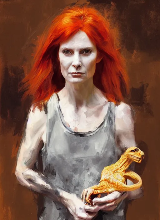 Image similar to portrait painting of beautiful red head ancient irish celtic priestess holding a velociraptor skull, by jeremy mann, only one head single portrait