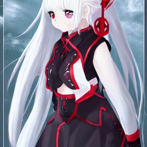 Prompt: white hair, red eyes, two small horn on the head, anime style, anime girl