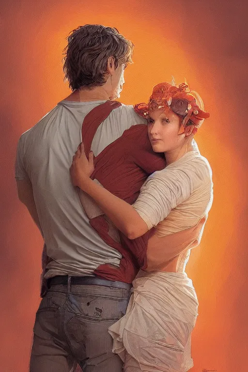 Image similar to portrait of tinfoil hat man in orange t - shirt hugging from behind his wife in a bed, feelings, romantic, fantasy, intricate, elegant, highly detailed, digital painting, artstation, concept art, smooth, sharp focus, illustration, art by artgerm and greg rutkowski and alphonse mucha