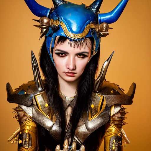 Prompt: close up headshot of a woman in elaborate blue and gold armor with spiked horns on her helmet, cosplay, photoshoot, photograph by Zhang Jingna