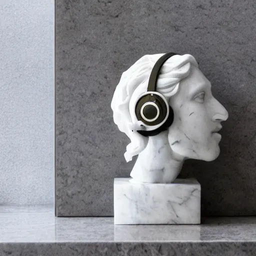 Image similar to a marble sculpture, using headphones in the bathroom