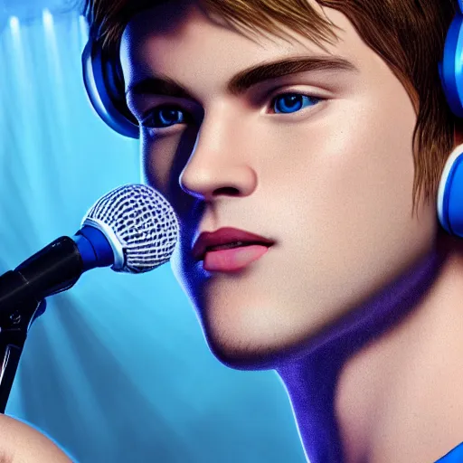 Image similar to the handsome young lead singer of a boyband with sandy brown hair and blue eyes wearing a neon blue microphone headset posing on stage. concert. cinematic lighting. medium shot photorealistic. hyper realism. ray tracing hdr. intricate detailed masterpiece. by bouguereau and shigenori soejima. lifelike.