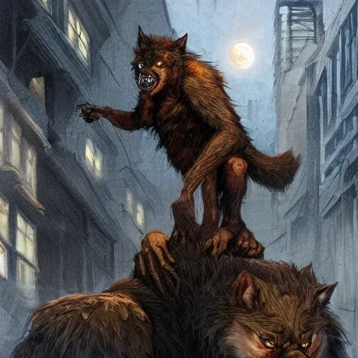 Prompt: werewolf in the downtown city lviv, portrait, highly detailed, full body, digital painting, trending on artstation, concept art, sharp focus, illustration, art by artgerm and greg rutkowski and magali villeneuve