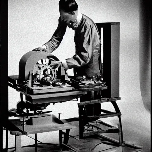 Image similar to filmstill of Marcel Duchamp working on a futuristic machine, long exposure, minimal composition, rule of thirds, archival pigment print