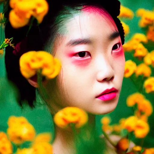 Prompt: extra close-up, color film photography, portrait of a beautiful woman with flowers on her head, in style of ren hang, 35mm, film photo