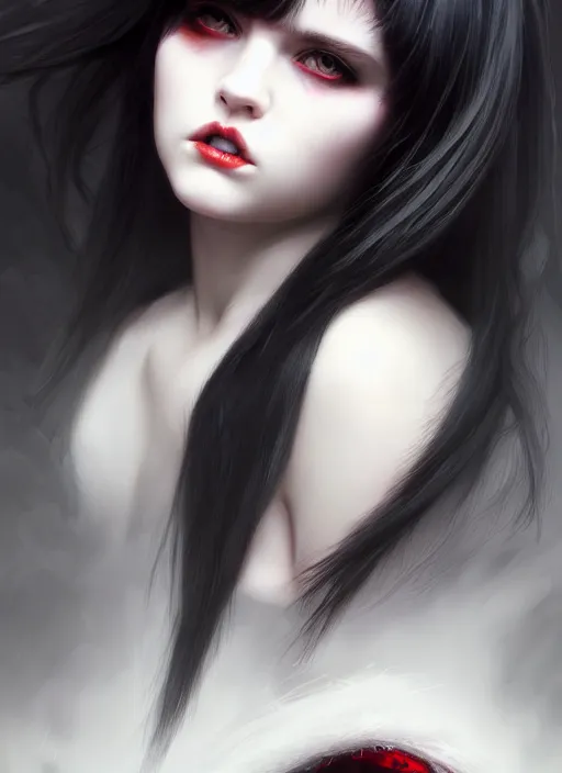 Prompt: portrait of white teenage girl, normal face, black bangs, mall goth, cyberlox, black and white hair, bangs, fluffy bangs, red contacts, intricate, elegant, highly detailed, digital painting, artstation, concept art, sharp focus, smooth, illustration, art by wlop, mars ravelo and greg rutkowski