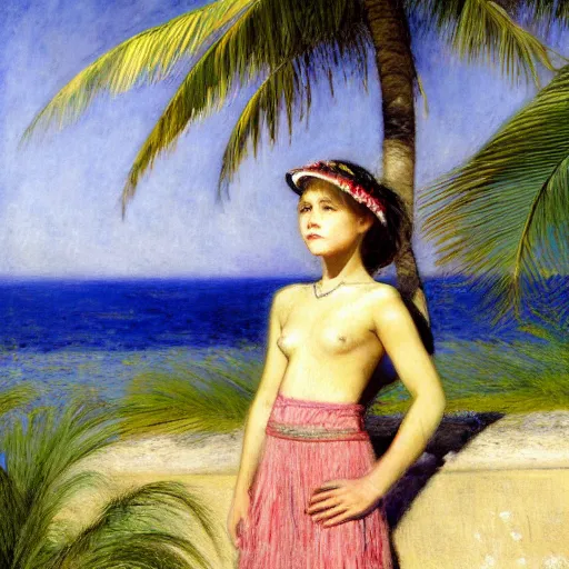 Image similar to a ultradetailed beautiful painting of a girl in the amazonas palace designed by jules bastien - lepage, hans belmer, frank weston and gustave baumann, beach, trending on artstation, mediterranean, palm trees, refracted color sparkles, sharp focus, soft light, 8 k 4 k