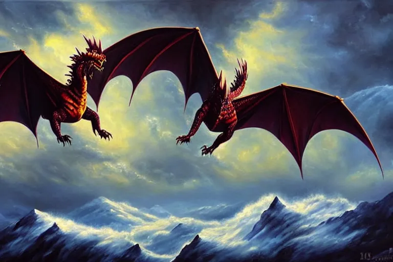 Image similar to a vast oil painting of two storm dragons dueling above the snowy peaks, hyper realistic, vivid, highly detailed, many colors