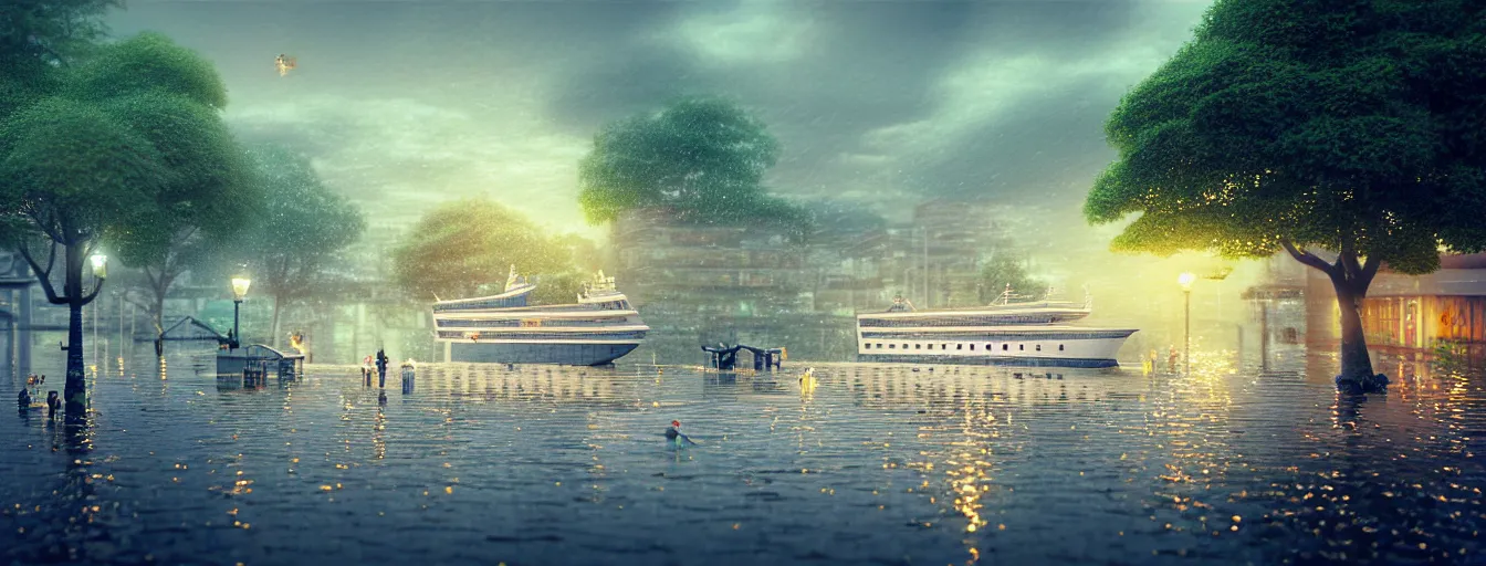 Image similar to cruising ship sailing at raining night at flooded miniature city, sun is on the rise on the town, cute style garden, octane render, trees, evergreen, patio, garden, wet atmosphere, tender, soft light misty yoshitaka amano, and artgerm