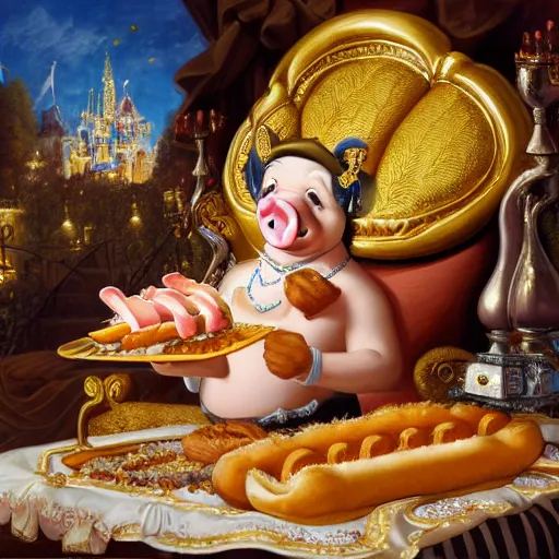 Prompt: pig wearing gold crown eating hot dog, Realistic, Regal, Refined, Detailed Digital Art, Michael Cheval, Walt Disney (1937), François Boucher, Oil Painting, Steampunk, Highly Detailed, Cinematic Lighting, Unreal Engine, 8k