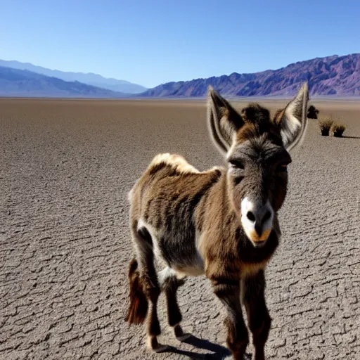 Prompt: death valley's invasive donkeys have become cat food