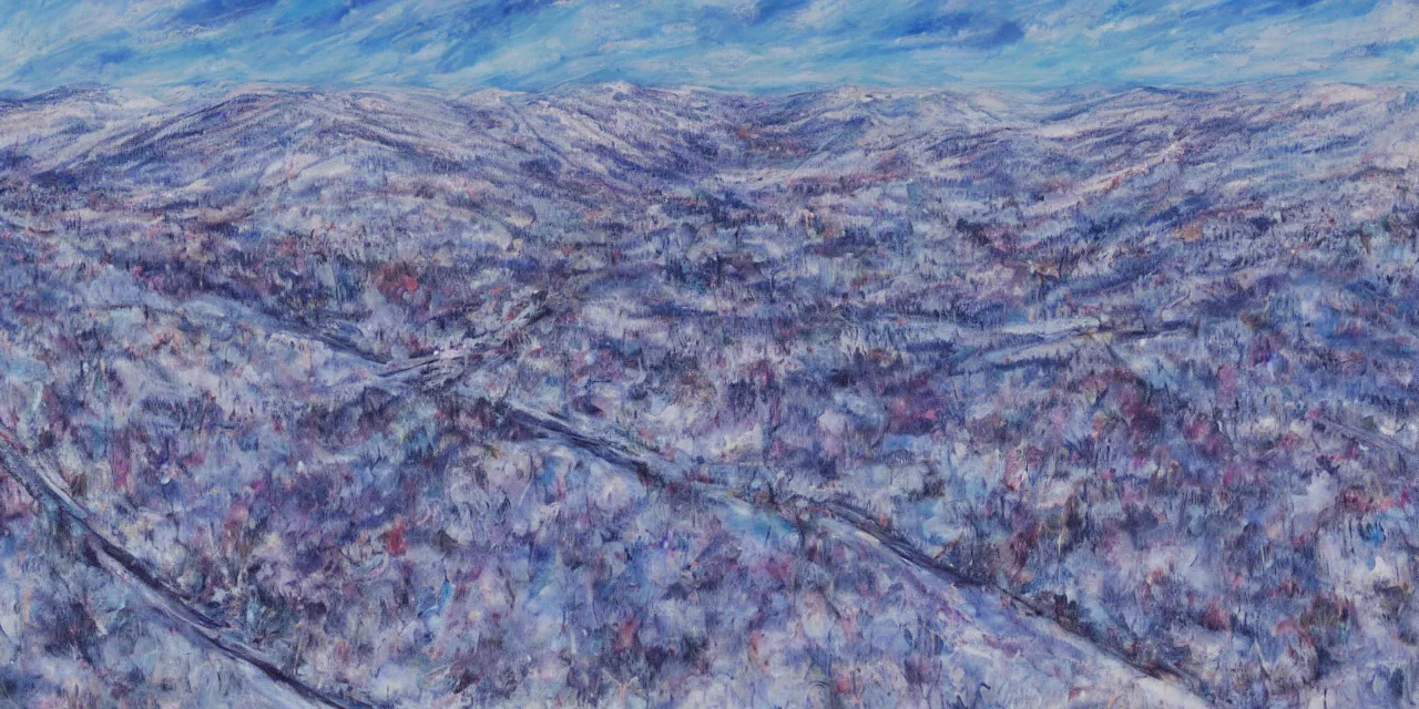 Image similar to abstract painting of the laurentian appalachian mountains in winter, unique, original and creative landscape, aerial view, snowy night, distant town lights, aurora borealis, deers and ravens, footsteps in the snow, brilliant composition