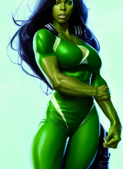 Image similar to full body portrait of marvel cinematic universe aaliyah haughton, she hulk, elegant, green skin, super hero, highly detailed!! digital painting, artstation, glamor pose, concept art, sharp focus, illustration, art by artgerm and greg rutkowski, artey freytag