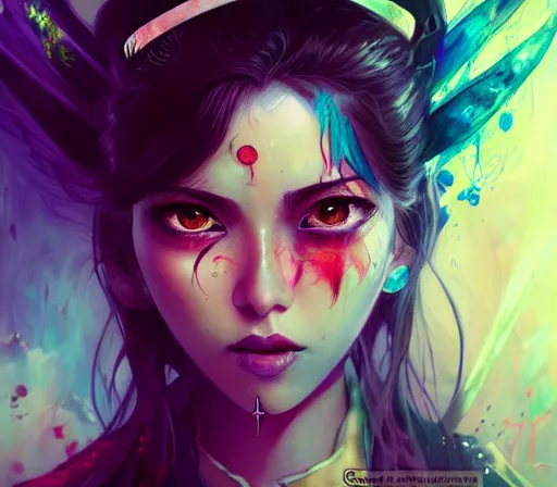 Image similar to a Demon Slayer FAN art portrait of grown up Mitsuri Kanroji ,by Stanely Artgerm,Tom Bagshaw,arthur adams,Carne Griffiths,trending on DeviantArt,street art,face enhance,chillwave,maximalist,full of color,glittering