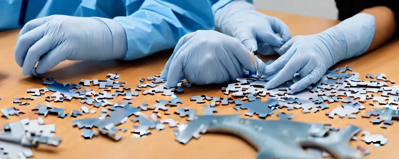 Image similar to a surgeon with realistic hands using a scalpel on a jigsaw puzzle on a table