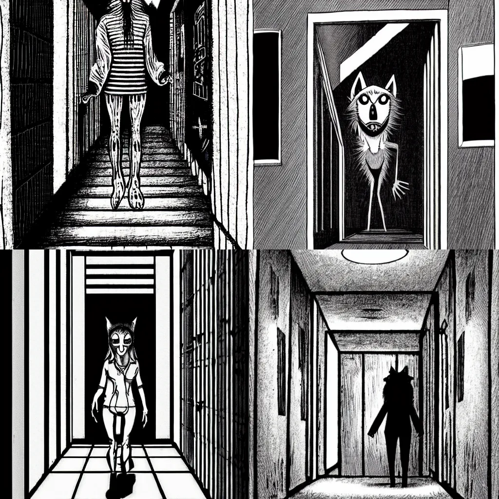 Prompt: “a creepy wolf in a bright white hallway, by Junji Ito”