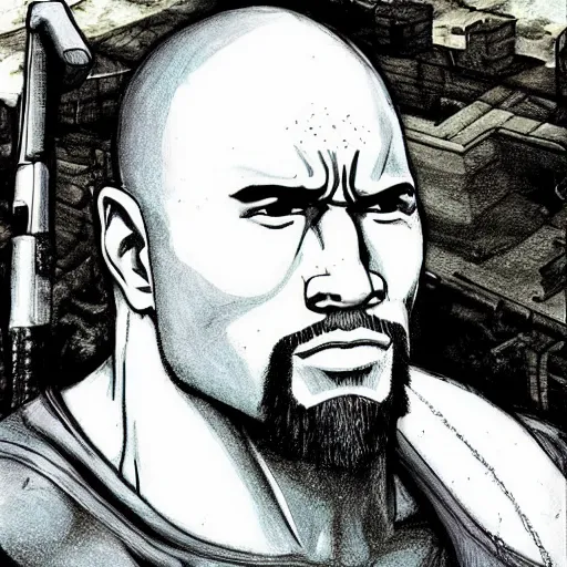 Image similar to anime portrait of dwayne johnson as barret with machine gun arm from final fantasy 7