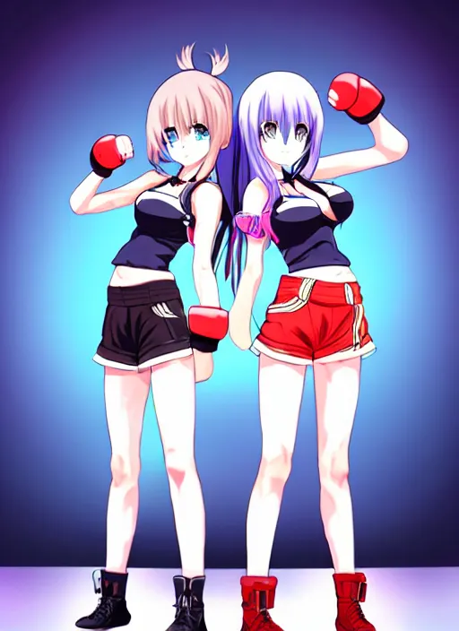 Image similar to two beautiful female fighters with twintails taunting each other, high waist shorts, white top, dim lighting, gorgeous features, smooth, detailed anime art